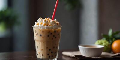 Delicious tapioca in a bubble milk tea with ice shown in a copy space image. photo