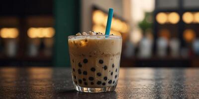 Delicious tapioca in a bubble milk tea with ice shown in a copy space image. photo