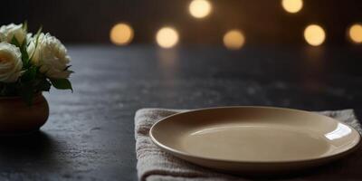 Empty beige plate with white towel on dark table space for writing and design. photo