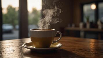Enjoying morning coffee with steam rising in a copy space image. photo