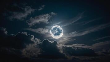 A luminous full moon obscured partially by fast-moving clouds, creating a dynamic interplay of light and shadow. photo