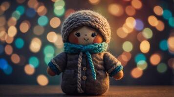 Wool felt doll with colorful bokeh background. photo