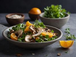 A light and refreshing salad features a unique combination of foraged mushrooms and citrus fruits creating a burst of flavors in every bite. photo