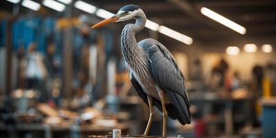 A metal sculpture of a heron stands in a cluttered workshop. photo
