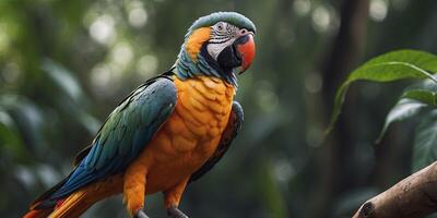 A robotic parrot perches on a branch in the jungle. photo