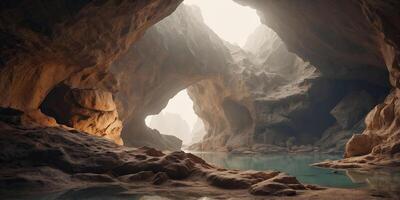An otherworldly landscape takes shape within the primitive lines of a cave drawing with impossible structures and floating creatures coexisting in harmony. photo