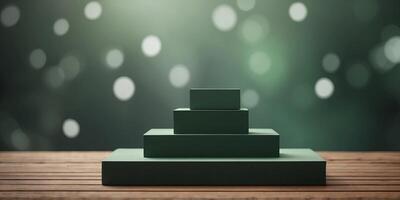 Front view of geometric podium decorated in green background with blank space Abstract background. photo