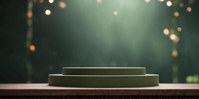 Front view of geometric podium decorated in green background with blank space Abstract background. photo