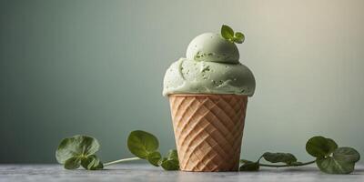 The pale green ice cream has a subtle hint of mint and is dotted with foraged wood sorrel. photo