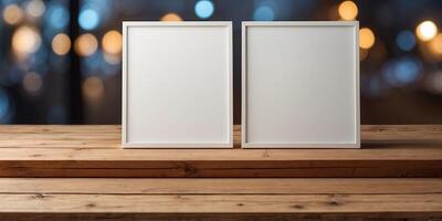 front view of two identical white blank canvas on a wooden table. photo
