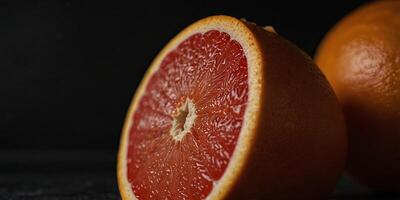 Black background showcases grapefruit slice with unobstructed copy space image. photo