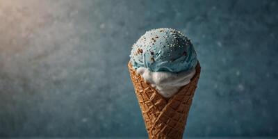 A Scoop of Ice Cream in Waffle Cone on a Blue Background. photo