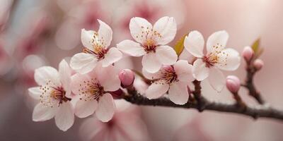Beautiful cherry spring blossom, on soft pink pastel background. photo