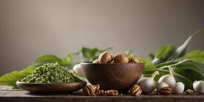 A mortar and pestle filled with wild garlic and walnuts the key ingredients for a flavorful pesto sauce. photo