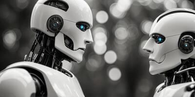 Two robots black and white about to confront each other. photo
