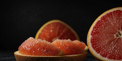 Black background showcases grapefruit slice with unobstructed copy space image. photo