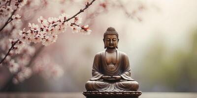 buddhan stantue with beanutiful cherry blossoms in springtime on blurred banckground with copy spance. photo