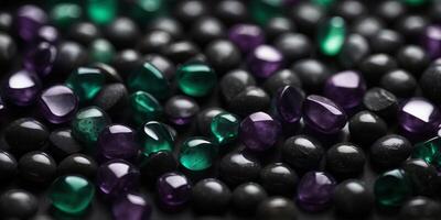 The smoothness of obsidian is highlighted by its deep black color with hints of dark green and purple shimmering throughout. photo