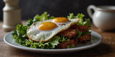 Delicious breakfast dish featuring a sunny side up egg crispy bacon and fresh lettuce on a plate with copy space image. photo