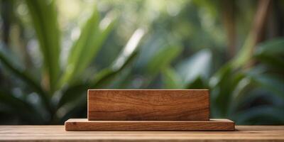 empty wooden podium with a tropical blurred background, mock up for montage and products display. photo