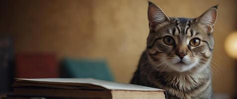 Funny amazed cat in glasses with a book on the background. photo