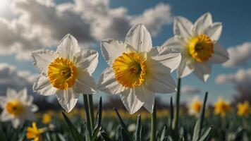 Daffodils in white bloom under a sky with clouds. photo