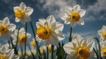 Daffodils in white bloom under a sky with clouds. photo