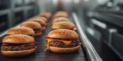 Beef hamburger in the production line, Ready-made beef hamburger cutlets in meat factory, Automated fast food hamburger factory. photo