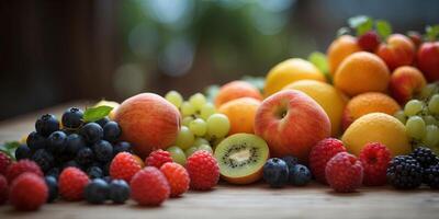 A variety of fresh fruits arranged in a colorful and visually appealing way. photo