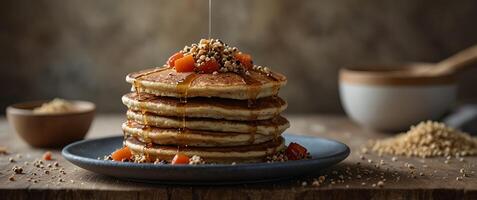 A stack of buckwheat flour pancakes with another unique ingredient cooked quinoa adding a protein boost. photo