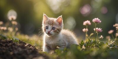 A tiny kitten exploring a garden for the first time. photo