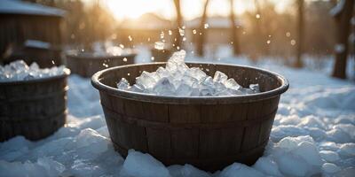 A makeshift ice bath created by pouring buckets of ice into a large barrel a popular DIY ice plunge od. photo