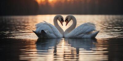 Two swans forming a heart shape in a lake. photo