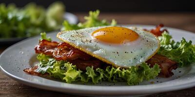 Delicious breakfast dish featuring a sunny side up egg crispy bacon and fresh lettuce on a plate with copy space image. photo