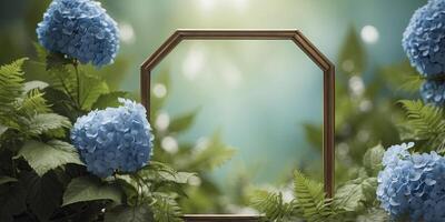 A hexagonal frame featuring thick clusters of hydrangeas and ferns blending lush greens and soft blues for a serene boho feel. photo