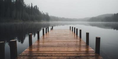 A wooden dock extending into a foggy lake. photo