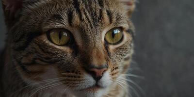 A close up image of a young cat with dark stripes on a gray background suitable for copy space image. photo