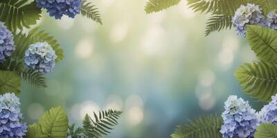 A hexagonal frame featuring thick clusters of hydrangeas and ferns blending lush greens and soft blues for a serene boho feel. photo