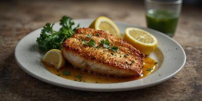 Battered fish with lemon ketchup and parsley on plate. photo