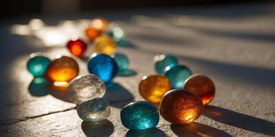 The interplay of light and colored glass, casting vibrant and shifting shadows on an ancient stone cathedral floor. photo
