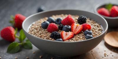 A bowl of buckwheat porridge topped with fresh berries and a sprinkle of chia seeds a satisfying and wholesome breakfast option. photo