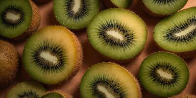 Fresh kiwi slices on a peach background, top view Healthy fruit and nutrition concept. photo
