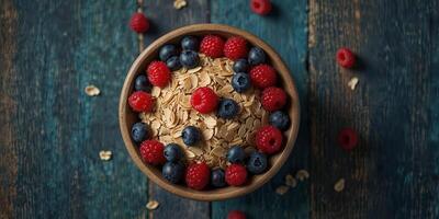 An artistic studio shot showcasing oats topped with fresh blueberries and raspberries on a rustic blue wooden background with copy space image. photo