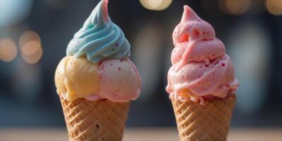A close-up image of a multi-colored ice cream cone with the ice cream melting. photo