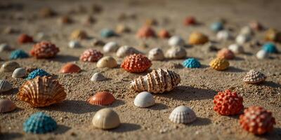 Assorted seashells and corals arranged on sandy surface. photo