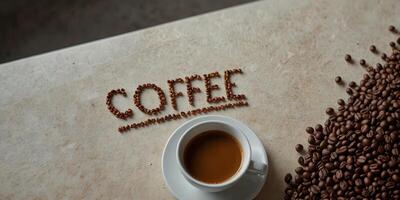 A coffee themed scene with beans and a coffee sign on a white table captured from above ideal for a copy space image. photo