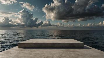 Concrete podium floating on calm ocean with cloudy sky, panoramic view Concept of zen, tranquility, and minimalist design. photo