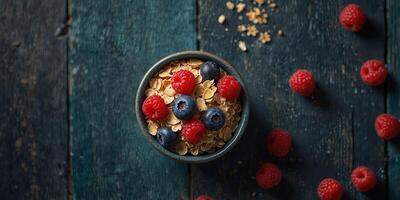 An artistic studio shot showcasing oats topped with fresh blueberries and raspberries on a rustic blue wooden background with copy space image. photo