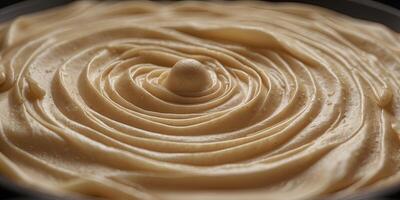 A closeup of the crepe batter being swirled and spread evenly in the pan. photo