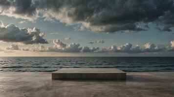 Concrete podium floating on calm ocean with cloudy sky, panoramic view Concept of zen, tranquility, and minimalist design. photo